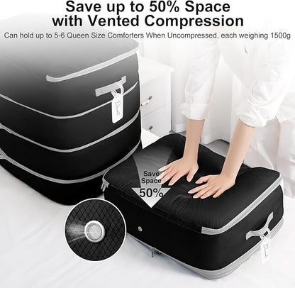 Comforter Storage Bag - 130L Large Capacity Blanket Storage Bags 4-Layer Ultra Space Saving Self Compression Organizer, Washable Compression Bags for Storage Comforter Blanket, 2-Pack, Black