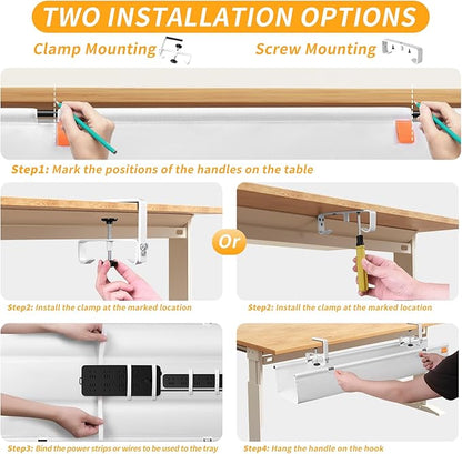 No Drill Under Desk Cable Management Tray, 28" Cord Organizer with Clamp, Fabric Cable Management for Standing Desks, Ideal for Home & Office - White