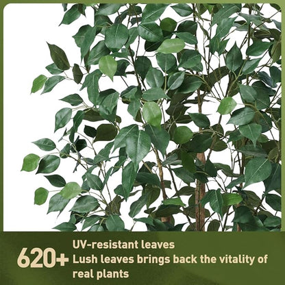 6ft Artificial Ficus Tree-Tall Faux Tree with Pebbles & Planter UV Resistant Potted Fake Plant with Silk Leaves & Real Wood Trunk-Indoor Outdoor Floor Plant for Home,Living Room,VN129