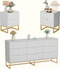 Anbuy Morden 9 Drawer Dresser and Nightstand Sets for Bedroom, Night Stand Set of 2 & 9 Drawer Dresser with Gold Handles, Morden Wood Chest of Drawers Storage Cabinet Set, White