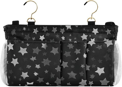 Bedside Caddy Hanging Bunk Bed Caddy Bed Organizer Hanging Pocket with 2 Hooks Bedside Storage Organizer Pocket Bag Holder Silver Stars Black