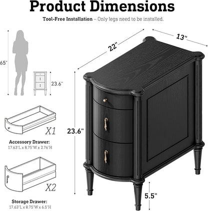 STO'SENSE Nightstand w/Charging Station & 3 Drawers, Pre-Assembled, Vintage Side Table w/Antique-Finished Pulls, Rustic Wood Finish, Narrow End Table w/Turned Legs for Bedroom (2, Black)