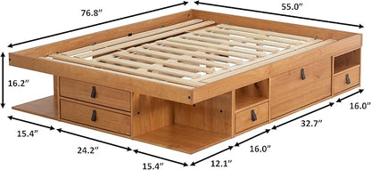 memomad Bali Slim Set: Storage Platform Bed with Drawers + Flat Panel Headboard (Full Size, Oak Brown Wood)