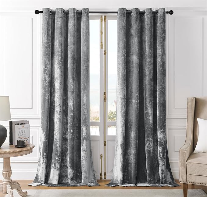 SMILETIME Grey Crushed Velvet Curtains 52x90 inch Luxurious Thermal Insulated Soundproof Drapes for Living Room Bedroom Office Soft and Durable Light-Filtering Window Treatments, 2 Panels