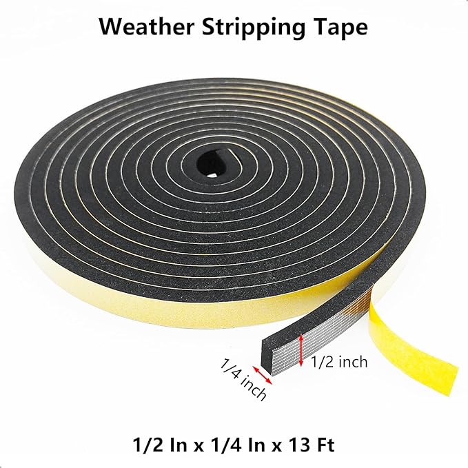 Weather Stripping Door Seal Strip, Strong Adhesive, Weatherproof, Reduce Noise, Gap Filler, Foam Insulation Tape for Doors and Windows (1/2 in x 1/4 in x 13 Ft)