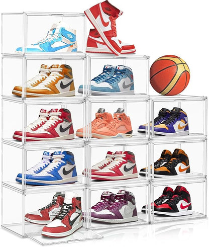 10 Pack Large Acrylic Shoe Box, Size 13 Sneaker Display Case Clear Stackable Display Case with Magnetic Door Toy Hat Collectible Sneakerheads Storage Organizer Bins for Entryway, Closet, Underbed