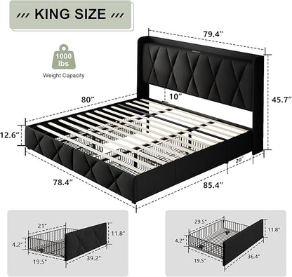 Feonase King Size Bed Frame with 4 Storage Drawers, Upholstered Platform Bed with Charging Station, Wingback Storage Headboard, Wooden Slats Support, No Box Spring Needed, Easy-Assembly, Black