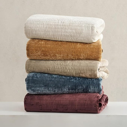 EVERGRACE Velvet Quilt Set Queen Size, Luxurious Soft Striped Channel Bedding Set, Lightweight Velvet Comforter for All Season, Oversized Bedspread Coverlet with 2 Matching Shams, Beige Taupe
