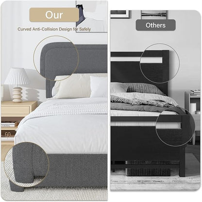 BarnFurin Twin Size Bed Frame, Boucle Upholstered Platform Bed Frame with Headboard, Modern Style, Soft Rounded Corners, No Box Spring Required, Easy Assembly, Dark Grey