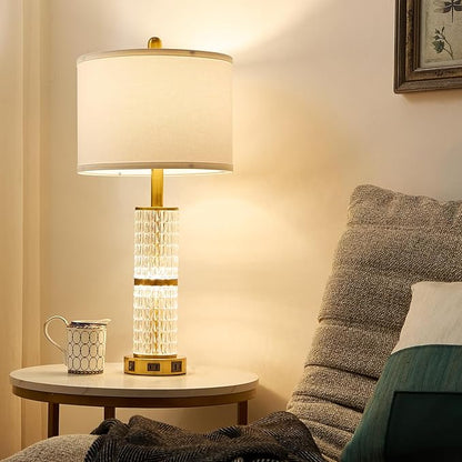 Crystal Table Lamps Modern 3-Way Dimmable Bedside Lamp with 2 USB Ports & AC Outlets for Living Room Bedroom Nightstand Lamp Night Light