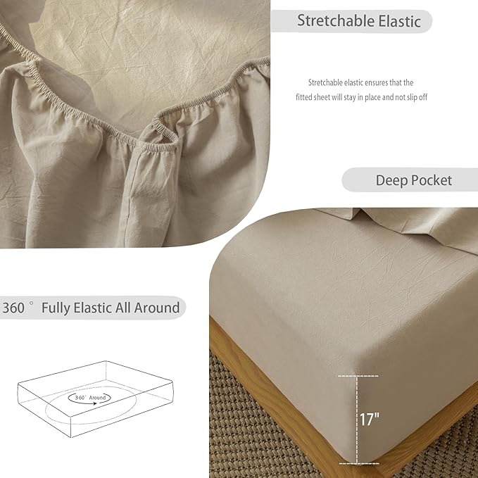 MooMee Fitted Bottom Sheet Only 100% Washed Cotton Linen Like Textured Breathable Durable Soft Comfy Deep Pocket Fits Mattress up to 17" (Mocha Brown, King)