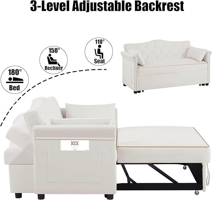 57" Velvet Pull-Out Sofa Bed, 3-in-1 Convertible Loveseat with Gold Trim Strips and Adjustable Backrest, Perfect for Living Rooms, Offices and Apartments (Beige)