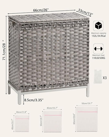 Laundry Hamper with Lid 132 L, (35 Gallons) Clothes Hamper with Lid, Handwoven Rattan Laundry Hamper with Metal Heightened Feet, Laundry Hampers with 3 Removable Liner Bags for Laundry-Gray