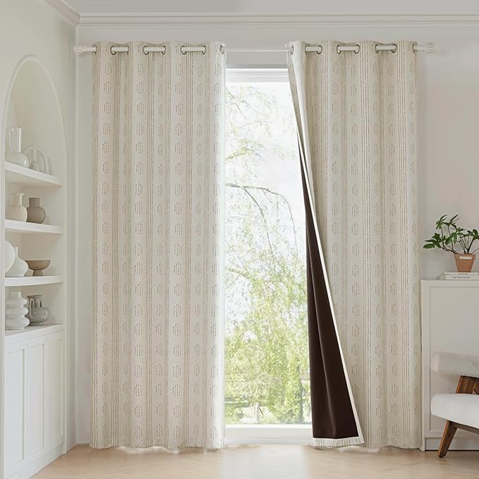 100% Boho Blackout Curtains 84 Inches Long for Bedroom, Taupe on Beige Patterned Bohemian Curtains for Living Room, Geometric Striped Thermal Insulated Window Drapes Gromment Top 2 Panels