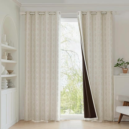 100% Boho Blackout Curtains 84 Inches Long for Bedroom, Taupe on Beige Patterned Bohemian Curtains for Living Room, Geometric Striped Thermal Insulated Window Drapes Gromment Top 2 Panels