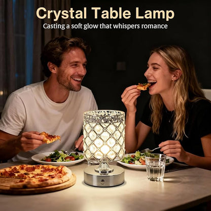 TOBUSA 6000mAh Crystal Battery Operated Lamp, Silver Modern Cordless Table Lamp Rechargeable, Portable Bedside Touch Small Desk Lamp 3000K-4500K-6000K, Stepless Dimmable Wireless LED Night Light