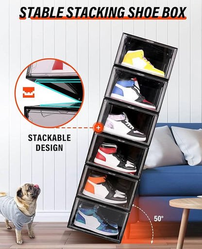 KDOR Shoe Boxes Clear Plastic Stackable 10 Pack Sneaker Storage Boxes with Magnetic Door, Acrylic Display Case, Strong and Sturdy Fit Shoe Size Up to US 15