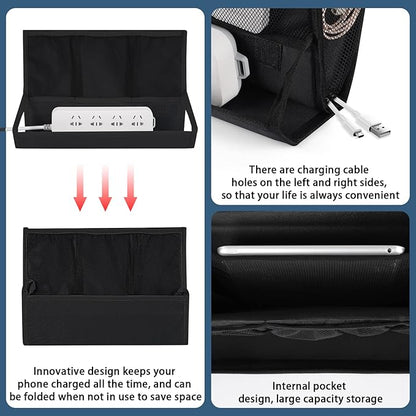 Bedside Storage Organizer with Power Strip Holder and Adjustable Straps Bed Hanging Bag for Home Bunk Bed Dorm Sofa (Black)