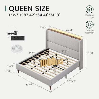LARMACE Queen Size Bed Frame with LED Lights and Charging Station Linen Upholstered Platform Bed Frame with 51.2" Tall Wingback Headboard and Storage Shelf, No Box Spring Needed, Easy Assembly, Grey