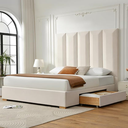 VELOCAVA King Size Upholstered Bed Frame with Extra Tall 71.5" 3D Geometric Headboard, Velvet-Like Fabric, 2 Storage Drawers, 45 Wooden Slats, Adjustable Center Support, No Box Spring Needed, Beige