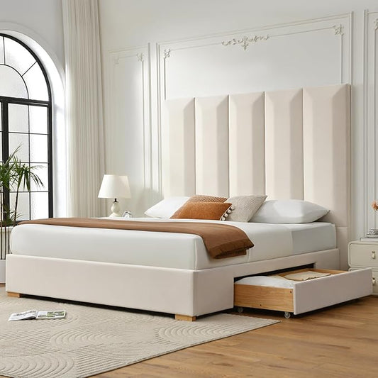 VELOCAVA King Size Upholstered Bed Frame with Extra Tall 71.5" 3D Geometric Headboard, Velvet-Like Fabric, 2 Storage Drawers, 45 Wooden Slats, Adjustable Center Support, No Box Spring Needed, Beige