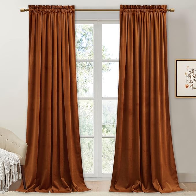StangH Burnt Orange Velvet Curtains - Vibrant Thermal Insulated Drapes for Living Room, Soft Noise Reducing Curtains, Warm Autumn Decor, W52 x L105, 2 Panels