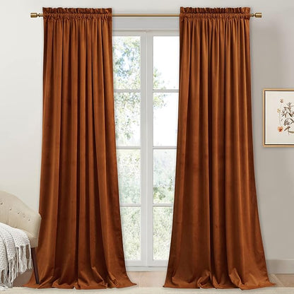 StangH Fall Curtains Burnt Orange Velvet Curtains Luxury Terracotta Thermal Insulated Room Darkening Bedroom Window Drapes for Living Room, Holiday Home Decor for Backdrops, W52 x L84, 2 Panels