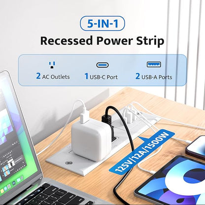 DOACE Recessed Power Strip with 18W USB C Fast Charging Conference Recessed Outlet,Space-Saver for Furniture Side Table,2 AC Outlets,3 USB Ports,6ft Cord, 45° Thin Flat Plug, White