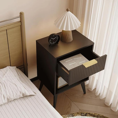 Fluted Night Stand with Opening Storage,Mid Century Bedside Table with Drawer,Black Nightstand with Wood Legs,End Table Side Table for Living Room,Bedroom,11.8" Dx15.7 Wx 25.2" H CTG56BK