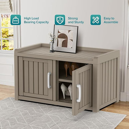 ROJIK Shoe Cabinet Waterproof UV-Resistant,Storage Bench Indoor Outdoor with Adjustable Shelves,for Entryway Bedroom,Hallway,Living Room(Double Door,Grey)