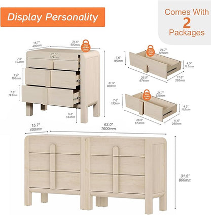 WAMPAT 6 Drawer Dresser for Bedroom, 2 in 1 63" Wide Mid Century Modern Wide Chest of Drawer, Wood Tall Nightstand with Curved Edge Handles, Closet Dresser TV Stand for Bedroom, Beige