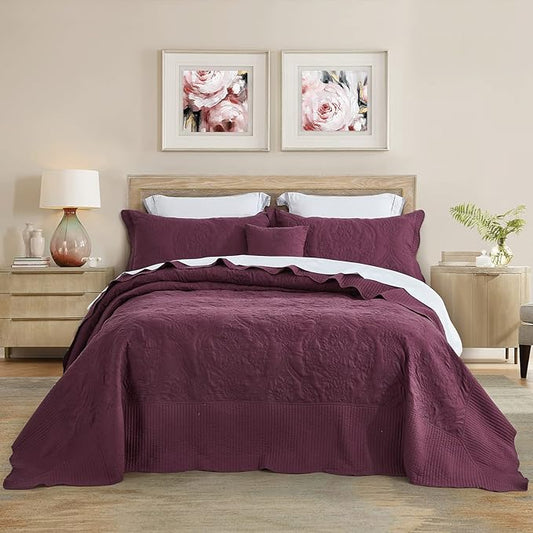 CHIXIN Bedspread Coverlet Set Queen Size - Lightweight Bedding Cover - Beautiful Stitching - 5 Piece Reversible Bedspread - Gorgeous Damask Paisley Pattern (Queen, Purple)