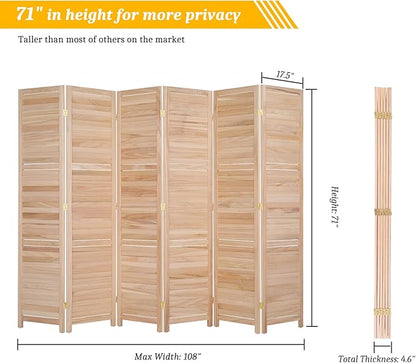 Bonnlo Wood Room Divider Privacy Screen, 5.9 Ft Tall Folding Partition Wall Divider, Indoor Freestanding Hinged Space Separator (Natural, 6 Panel)