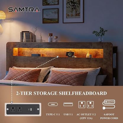 Wooden Bed Frame King Size with Storage Headboard - Farmhouse Platform Bed Frame with Bookcase Shelf & Led Lights, Sturdy Wood Slat Framework Bed Frame (Rustic Brown LED)