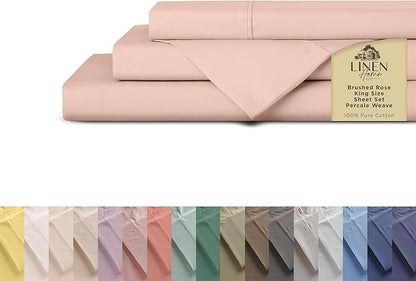 Linen Home 100% Cotton Percale Sheets King Size, Brushed Rose, Deep Pocket, 4 Pieces Set - 1 Flat, 1 Deep Pocket Fitted Sheet and 2 Pillowcases, Crisp Cool and Strong Bed Linen