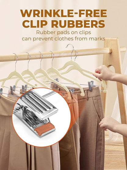 HOUSE DAY Velvet Skirt Hangers 12 Pack, Beige Velvet Pant Hangers with Adjustable Clips, Space Saving Slim Shorts Hanger, Heavy Duty Non Slip Clip Hanger for Pants, Skirts, Shorts