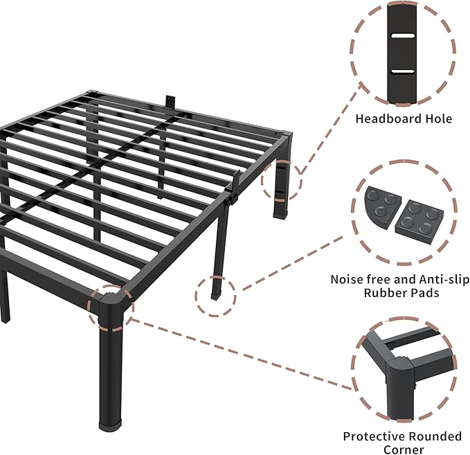 ROIL 18 Inch Twin XL Bed Frame with Rounded Corner and Headboard Hole Mattress Retainers 3500LBS Metal Heavy Duty Steel Slats No Box Spring Needed Platform Noise-Free Easy Assembly