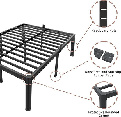 ROIL 16 Inch Queen Bed Frame with Rounded Corner and Headboard Hole Mattress Retainers 3500LBS Metal Heavy Duty Steel Slats No Box Spring Needed Platform Noise-Free Easy Assembly