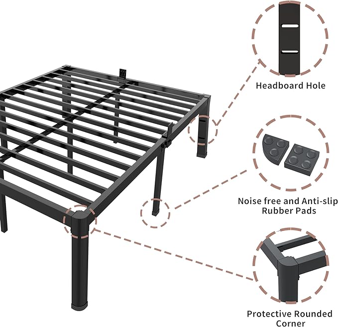 ROIL 18 Inch California King Bed Frame with Rounded Corner and Headboard Hole Mattress Retainers 3500LBS Metal Heavy Duty Steel Slats No Box Spring Needed Platform Noise-Free Easy Assembly