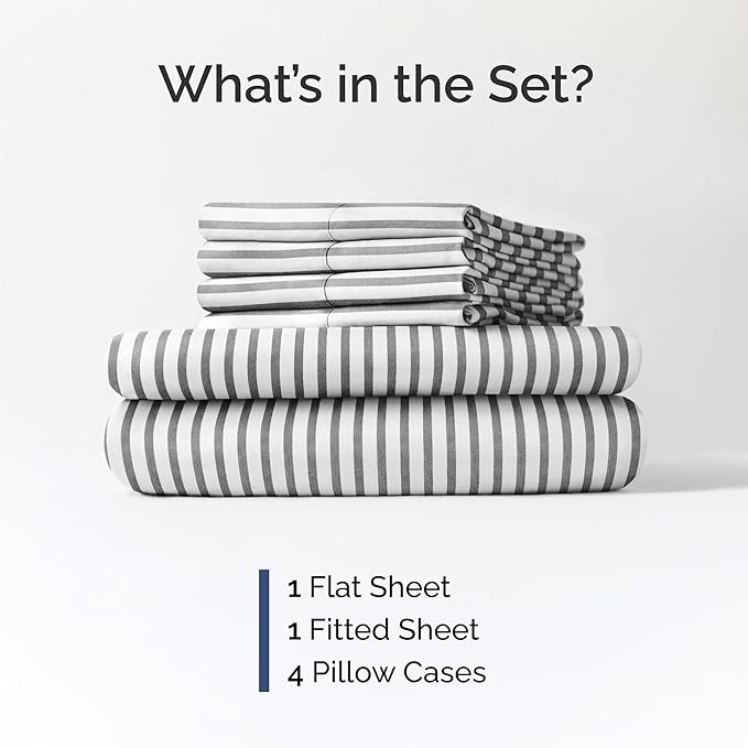 Queen 6 Piece Sheet Set - Cooling, Comfy & Breathable - Hotel Luxury Bedding, Includes Fitted Sheet for Women, Men, Kids & Teens - 1 Flat, 1 Fitted Sheet, 4 Pillowcases w/Deep Pockets - Grey Stripes