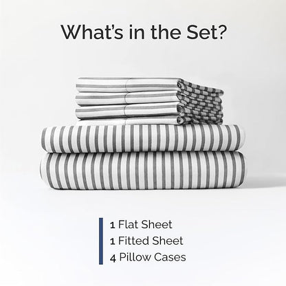 Queen 6 Piece Sheet Set - Cooling, Comfy & Breathable - Hotel Luxury Bedding, Includes Fitted Sheet for Women, Men, Kids & Teens - 1 Flat, 1 Fitted Sheet, 4 Pillowcases w/Deep Pockets - Grey Stripes