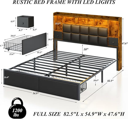 LED Bed Frame Full Size with Bookshelf PU Leather Headboard, 2 Hidden Storage Drawers, Upholstered Platform Bed with Charging Station, Metal Slats Support, Noise Free, No Box Spring Needed