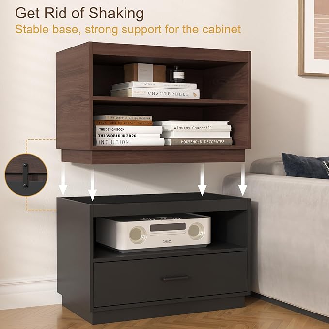 Stackable Storage Drawers,28" Wide Storage Bins w/ Drawers and Compartment for Closet Organizers, Wood Stackable Closet Organizer Modern Large Stackable Storages Units for Living Room Hallway, Brown