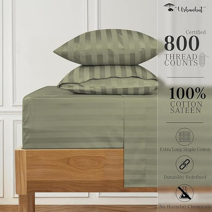 URBANHUT 800 Thread Count 100% Cotton Damask King Size Sheets, 4 Piece Striped King Size Bedsheets, Luxury Hotel Sheets Sateen Weave - Better Than Egyptian, 16" Elasticized Deep Pocket- Sage