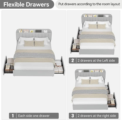 Jojoka Queen Bed Frame with Storage Headboard and 2 Drawers, Boucle Upholstered Platform Bed, Modern Girls Bed Frames for Rooms, No Box Spring Needed, Easy Assembly, Grey