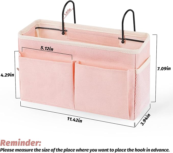 Retyion Bedside Caddy Bedside Storage Organizer Hanging Bunk Bed Dorm Room with Side Pockets for Water Bottles, Books, Cell Phones, Headphones (Pink)
