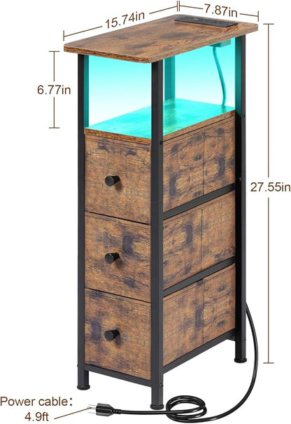 LOAKEKEL Narrow End Table Living Room with Charging Station, Skinny Side Table with Fabric Drawers, Slim LED Nightstand for Bedroom, Small Spaces, Couch, Rustic Brown, HETNDP03LPBR-1