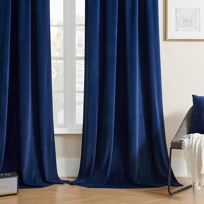 Joydeco Blue Velvet Curtains 96 inch Length 2 Panels Burg Set, 95 Curtains Luxury Rod Pocket Thermal Insulated Window Blackout Curtain, Room Darkening Drapes for Living Dining Room Bedroom Privacy