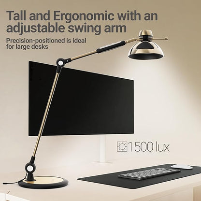 OTUS Desk Lamp for Home Office | Tall LED Architect Desk Light with Gesture Control & Touch | 1500 Lux Eye-Caring Dimmable for Study, Reading, Video Calls | 12 Levels & 3 Colors | Brass Swing Arm Lamp
