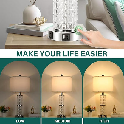3-Way Touch Control Crystal Table Lamps Set of 2, Silver Modern Bedside Lamp with 2 USB Ports & AC Outlets for Living Room, 26' Tall Desk Lamps with White Drum Shade for Bedroom, 2 Free Bulbs Included